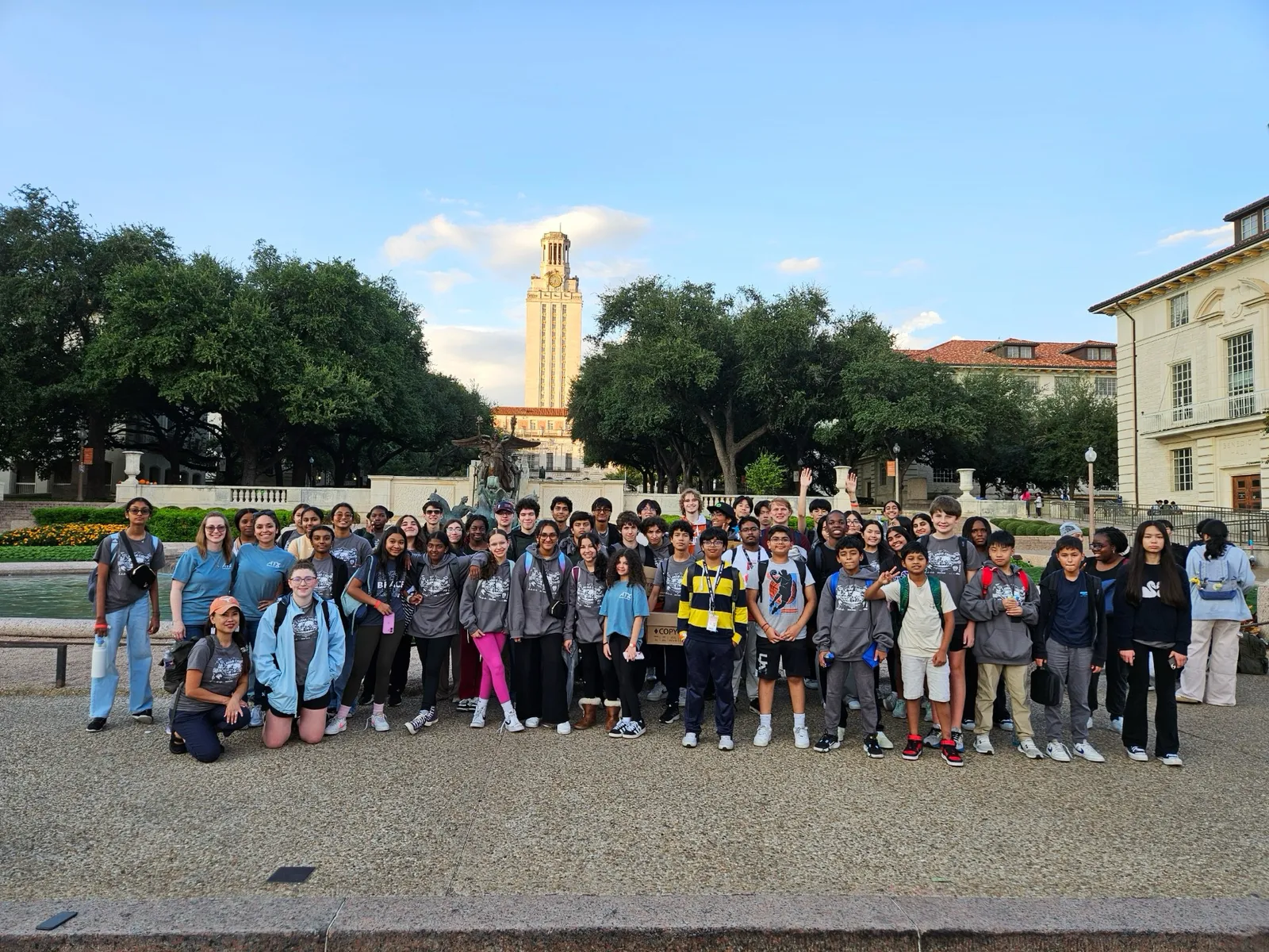 Science Olympiad group photo in front of the UT Tower at Leaman regionals